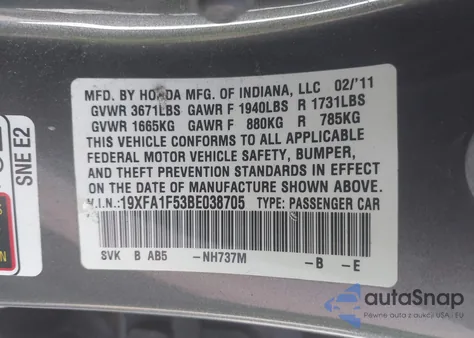 2011 Honda Civic Lx из США, поврежденный, VIN 19XFA1F53BE038705